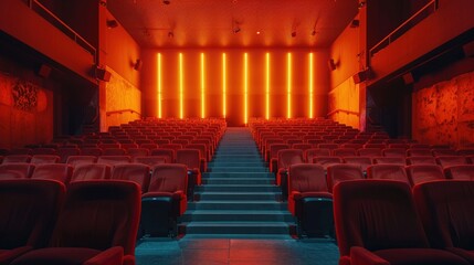 Fototapeta premium Modern Empty Cinema Theater with Red Seats and Neon Lights in a Dark Ambiance