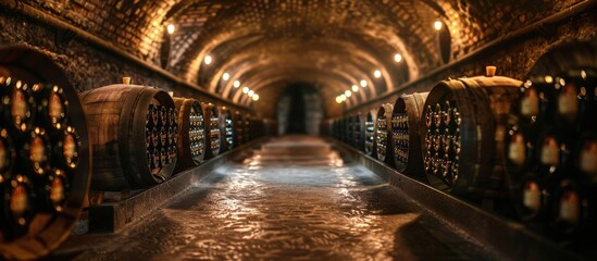 Obraz premium Historic Wine Cellar with Wooden Barrels and Bottles Illuminated by Warm Lighting in an Arched Brick Tunnel