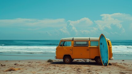 A yellow van with a surf board at the beach
