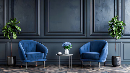 Dark room with accents. Blue navy armchairs. Trendy modern interior design mockup. Gray wall painted background empty for art. 