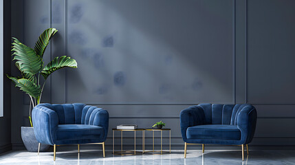 Dark room with accents. Blue navy armchairs. Trendy modern interior design mockup. Gray wall painted background empty for art. 