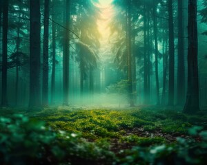 Fototapeta premium Eerie Mist Shrouds the Ancient Forest Path, Sunbeams Piercing Through the Canopy, Crying Sounds Echoing in the Dark Night, a Sense of Mystery and Unease Linger