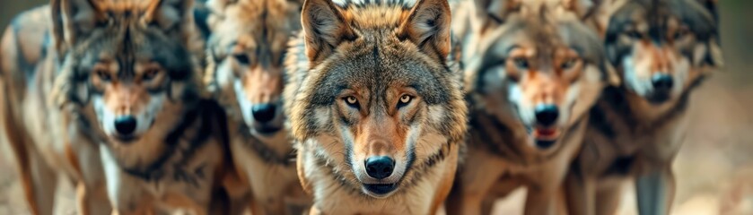 Fototapeta premium Fierce Wolf Pack, Wild and Untamed A Close-Up Look at the Majestic Predators of the Wild, Capturing Their Raw Power and Untamed Spirit