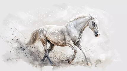 White horse depicted in a wildlife watercolor illustration style, isolated on a white background. Creative and conceptual animal art with abstract brush strokes and a hint of realism. Perfect for both