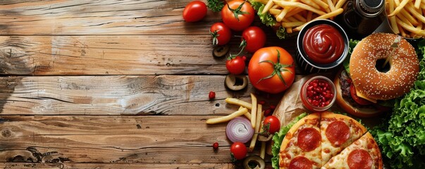 Various unhealthy fast foods on a wooden table, top view, burgers, fries, pizza, and soda, indulgent feast, copy space