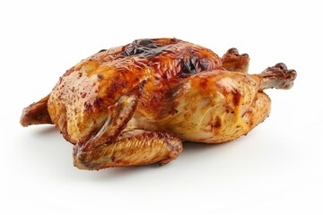 Whole grilled chicken closeup, golden and crispy skin, juicy tender meat, delicious and appetizing, white background, copy space