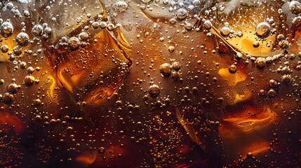 Macro Close up Abstract Fizzy Cola Bubbles with Transparent Liquid and Amber Syrup Splash