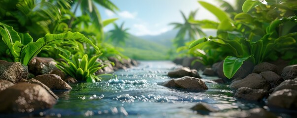 Tranquil Stream Flowing Through Lush Jungle, Nature's Cries Echoing in the Wilderness, Serene Landscape Photography