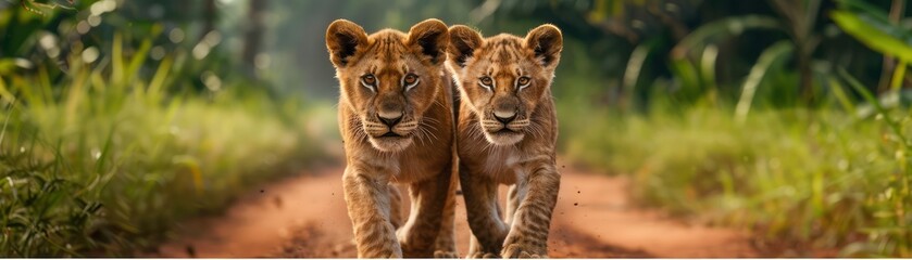 Obraz premium Two Lion Cubs Walk Side by Side on a Dirt Path in the African Savanna These Majestic Creatures, Full of Life and Energy, Are a Fierce Pack, Wild and Untamed, Embracing the Beauty and Power of Nature