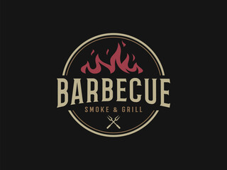 vintage barbecue logo vector illustration, retro BBQ smoke grill logo template
