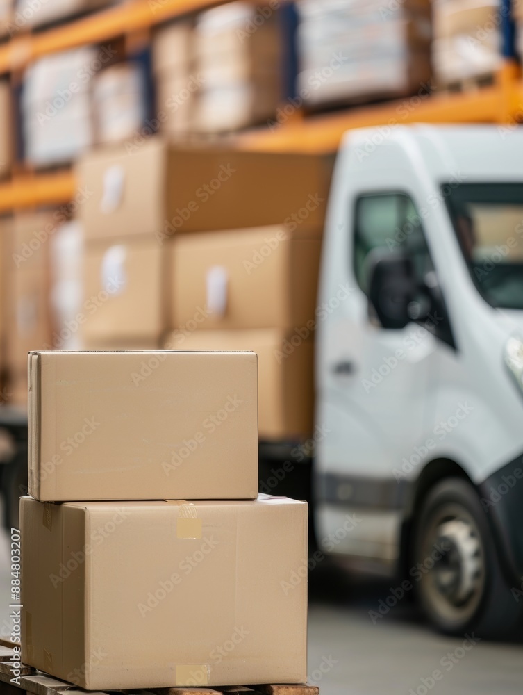 Poster vehicle departs depot with packages for timely distribution, copy space, focus on objects, deep dept
