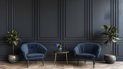 Dark room with accents. Blue navy armchairs. Trendy modern interior design mockup. Gray wall painted background empty for art. 