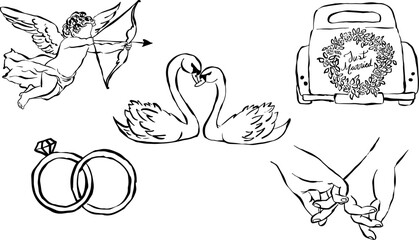 Ilustración de amor dibujadas a mano.  Iconos en vector para invitaciones, papelería, diseño. Clipart de amor. Ilustración de cupido, cisnes, aros de matrimonio