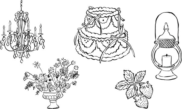 Ilustraciones dibujadas a mano.  Iconos en vector para invitaciones, papeler&iacute;a, dise&ntilde;o. Clipart de amor. Ilustraci&oacute;n de candelabro, flores, fresa, pastel, porta velas.