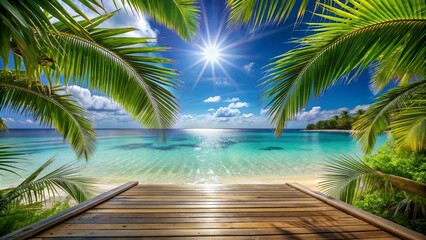 Fototapeta premium Tropical paradise beach with wooden deck, palm trees, clear turquoise water, and bright sun. Perfect vacation destination and serene seaside escape.
