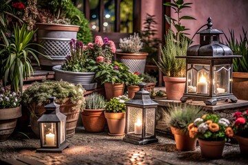 A charming garden at night featuring various potted plants and glowing lanterns, creating a cozy and serene outdoor atmosphere.
