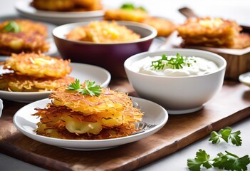 crispy potato latkes sour cream white traditional jewish dish, golden, brown, shredded, fried, grated, homemade, savory, appetizing, fritters, delicious, potatoes