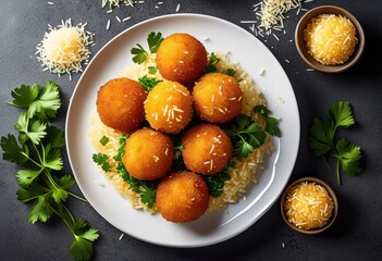 delicious crispy arancini rice balls appetizer white plate, fried, crunchy, golden, round, stuffed, cheese, mozzarella, tasty, savory, snack, italian, traditional