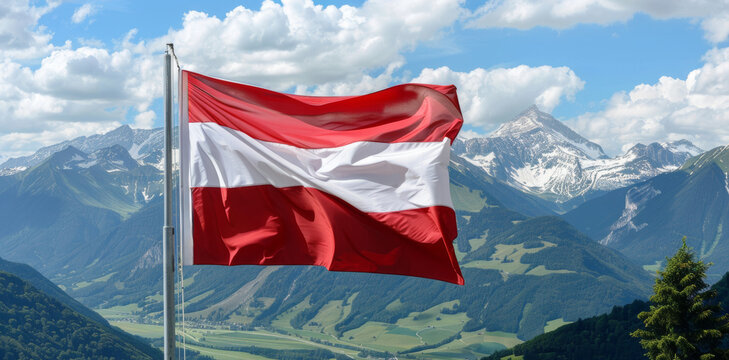 Austrian flag waving proudly against Alps backdrop