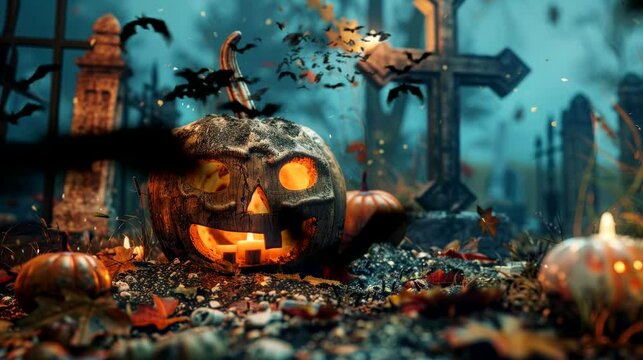 halloween decorations with pumpkin and skull Frame wood on the grave. Seamless looping time-lapse virtual 4k video animation background