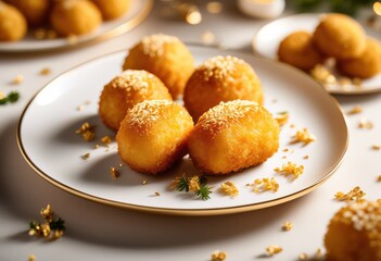 elegant golden croquette delicacies crispy exterior white plate, appetizer, starter, snack, meal, dish, fritter, fried, crunchy, homemade, gourmet, delicious