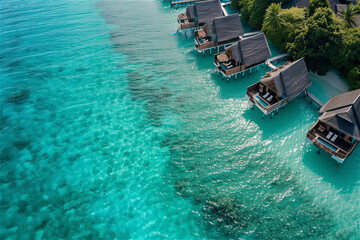 Aerial view of the luxury tropical island resort, which blends the Maldives resort's bungalow with the clear sea