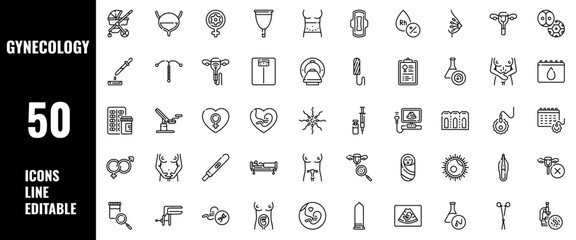 50 Gynecology Icons Set Line Editable Vector Illustration