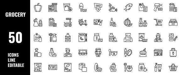 50 Grocery Icons Set Line Editable Vector Illustration
