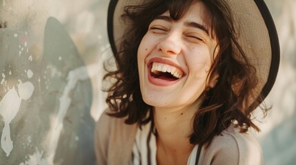 A joyous woman with a wide smile and hat, laughing heartily while standing beside a weathered wall, capturing a candid moment of pure joy and unrestrained happiness.