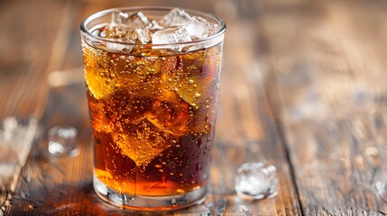 Chilled cola drink with ice cubes in a glass on a wooden table with clear space