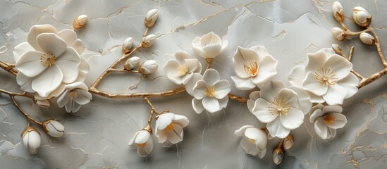 3D luxury white flowers with gold branches on grey stone. A detailed 3D design showcasing luxurious white flowers with gold branches against a grey stone background, offering an elegant decor