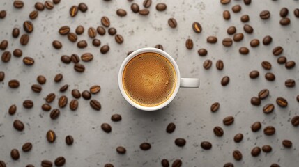 Top View of Coffee Cup on a Grey Table with Scatter of Coffee Beans Around