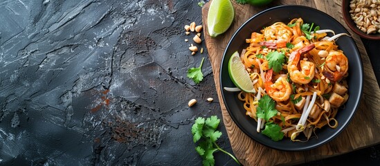 A colorful and delicious Pad Thai served on a wooden board, garnished with fresh herbs and lime...