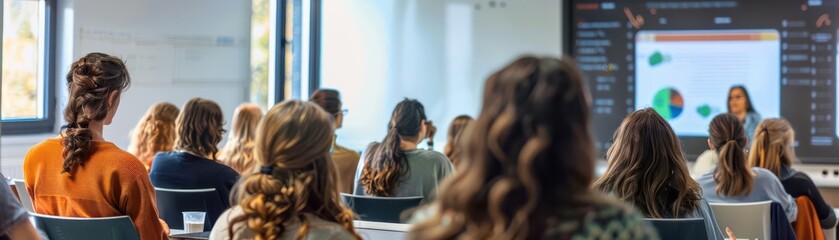 Students presenting a group project with interactive slides, university lecture hall, innovative and academic, clear and engaging