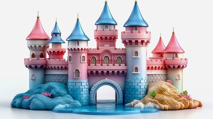 A toy fairy castle, fantasy element, detailed illustration, pastel hues, isolated on white background