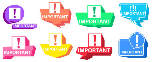 set colorful important icon. notice sign for attention  labels template design vector illustrations