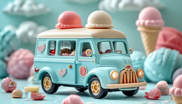 A toy ice cream truck, food element, retro illustration, pastel colors, isolated on white background