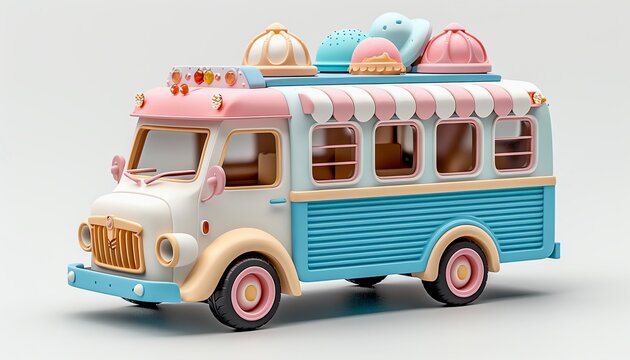 A toy ice cream truck, food element, retro illustration, pastel colors, isolated on white background