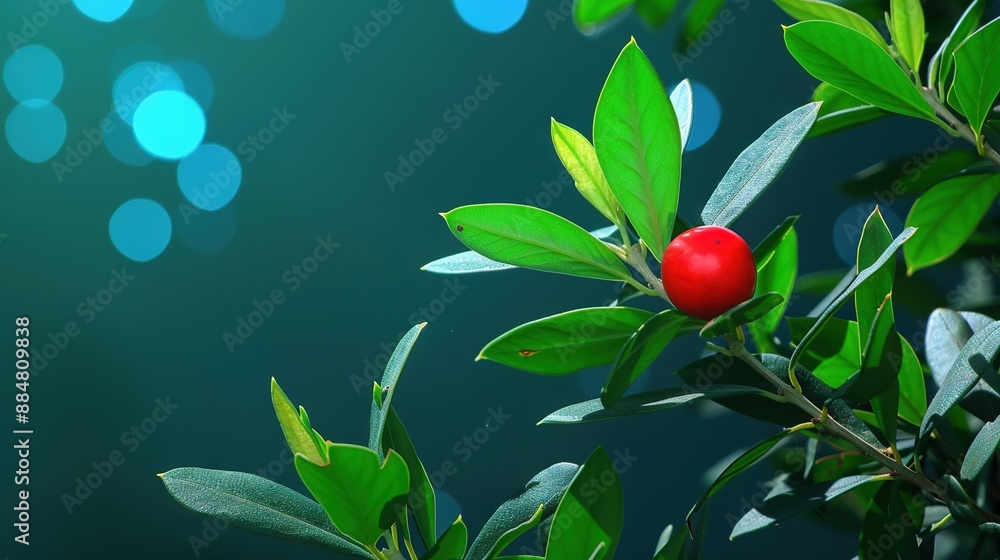 Wall mural   Red berry on leafy tree, surrounded by blue and green books of light