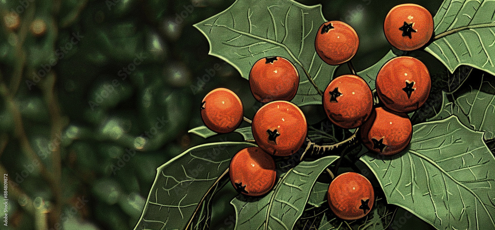 Poster   A cluster of scarlet berries perched atop a verdant foliage-crowned bough in the foreground against a backdrop of lush green vegetation