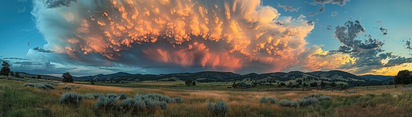 Obraz premium Stunning Panoramic Sunset Over Rolling Hills with Dramatic Cloud Formation in the Sky