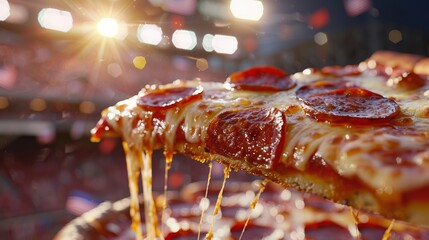 Close-Up of Pizza Slice with Blurred Football Stadium Background