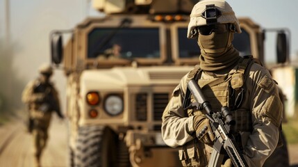 Special forces team boarding a military vehicle for a mission, realistic photo, high detail, dynamic composition, coordinated movement