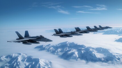 Military squadron of fighter jets flying in formation over mountains, realistic photo, high resolution, dramatic skies, precise coordination