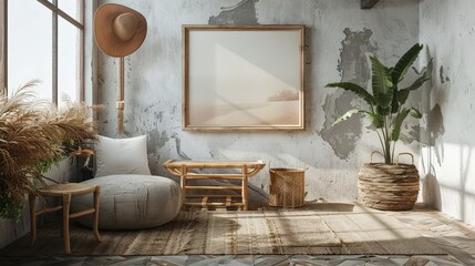 Cozy Bohemian Living Room with Natural Light, Rattan Furniture, and Indoor Plants in a Rustic Setting