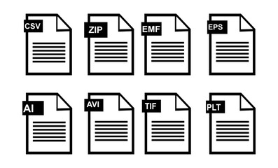 File format of document icons. Vector illustrations JPG,PDF,DOC,PPT,XLS,TIF,CMX,GIF,PNG,AI,ZIP,EPS and more. editable file
