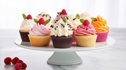 close_up_view_of_various_sweet_cupcakes_on_cake_stand