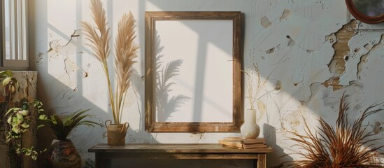 Rustic Interior with Empty Wooden Frame and Sunlit Plants in Vintage Setting