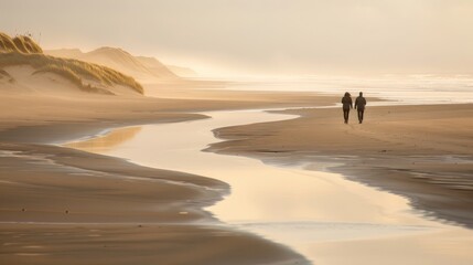 Romantic Morning Beach Stroll of a couple on a blurry background