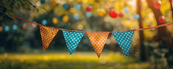 Colorful party flags strung across a backyard, celebrating an event.